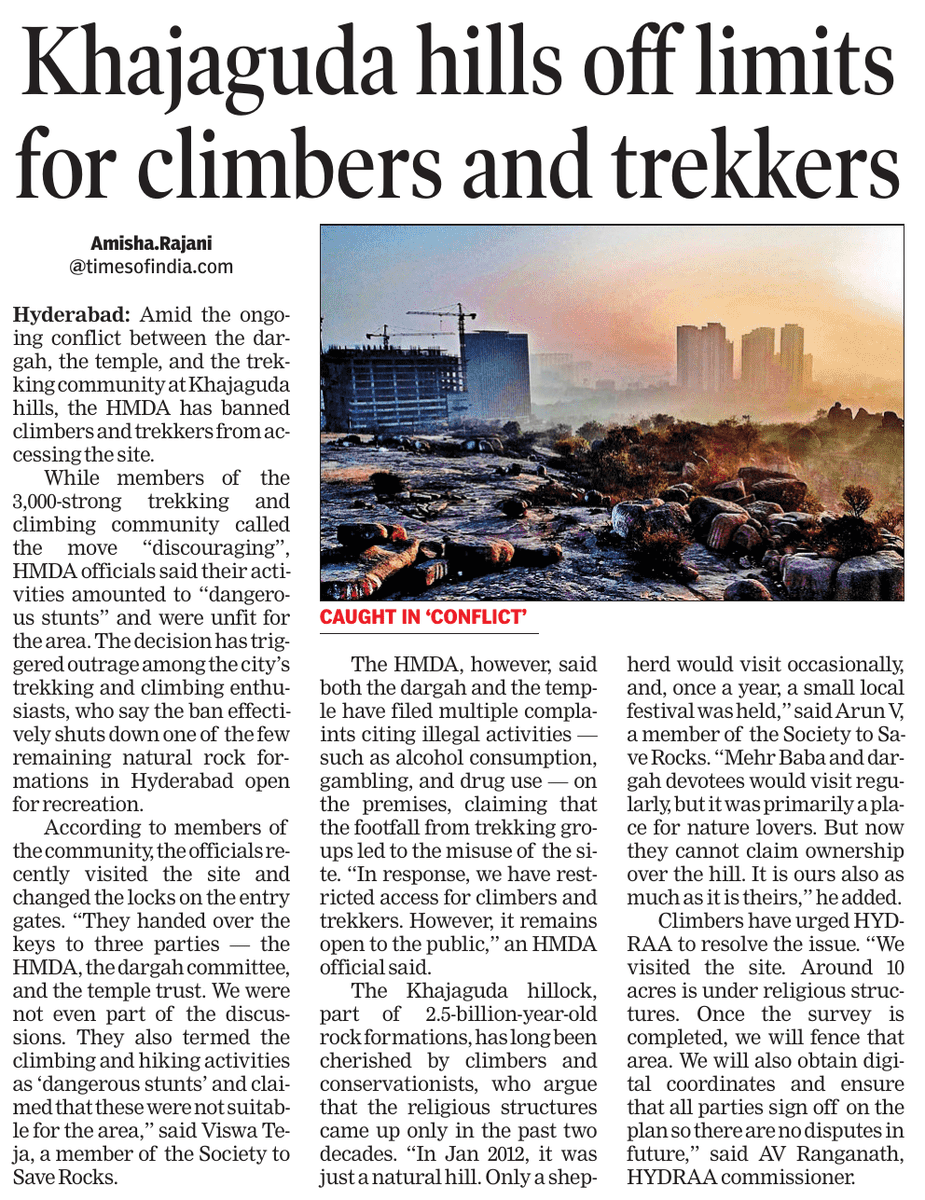 Amisha Rajani (@rajaniamisha) on Twitter photo Amid the ongoing conflict at #Khajaguda hills, HMDA has barred trekkers, calling their activities unsafe. Keys were handed only to HMDA, the dargah & temple. Trekkers allege the religious structures encroach the rocks and have approached #HYDRAA for help.
timesofindia.indiatimes.com/city/hyderabad… Amid the ongoing conflict at #Khajaguda hills, HMDA has barred trekkers, calling their activities unsafe. Keys were handed only to HMDA, the dargah & temple. Trekkers allege the religious structures encroach the rocks and have approached #HYDRAA for help.
timesofindia.indiatimes.com/city/hyderabad…