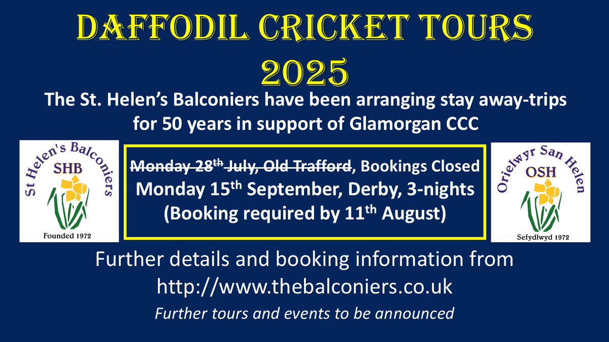 Final call for those wishing to support <a href="/GlamCricket/">Glamorgan Cricket 🏆</a> in their fixture beginning 15th September against <a href="/DerbyshireCCC/">Derbyshire CCC</a> as part of the 2025 Daffodil Cricket Tour Programme. Bookings by 11th August please.
Details: thebalconiers.co.uk