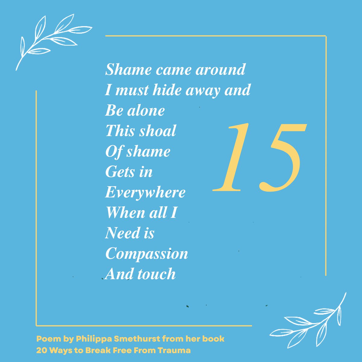 🌿 Poem 15/20: The Shoal of Shame

Shame silences. This poem names it — and opens space for touch, compassion, connection 🌱

➡️ Book on Amazon: 20 Ways to Break Free From Trauma

➡️ To receive my newsletters: philippasmethurst.com/news#contactfo…

#MentalHealth #HealingJourney #TraumaRecovery