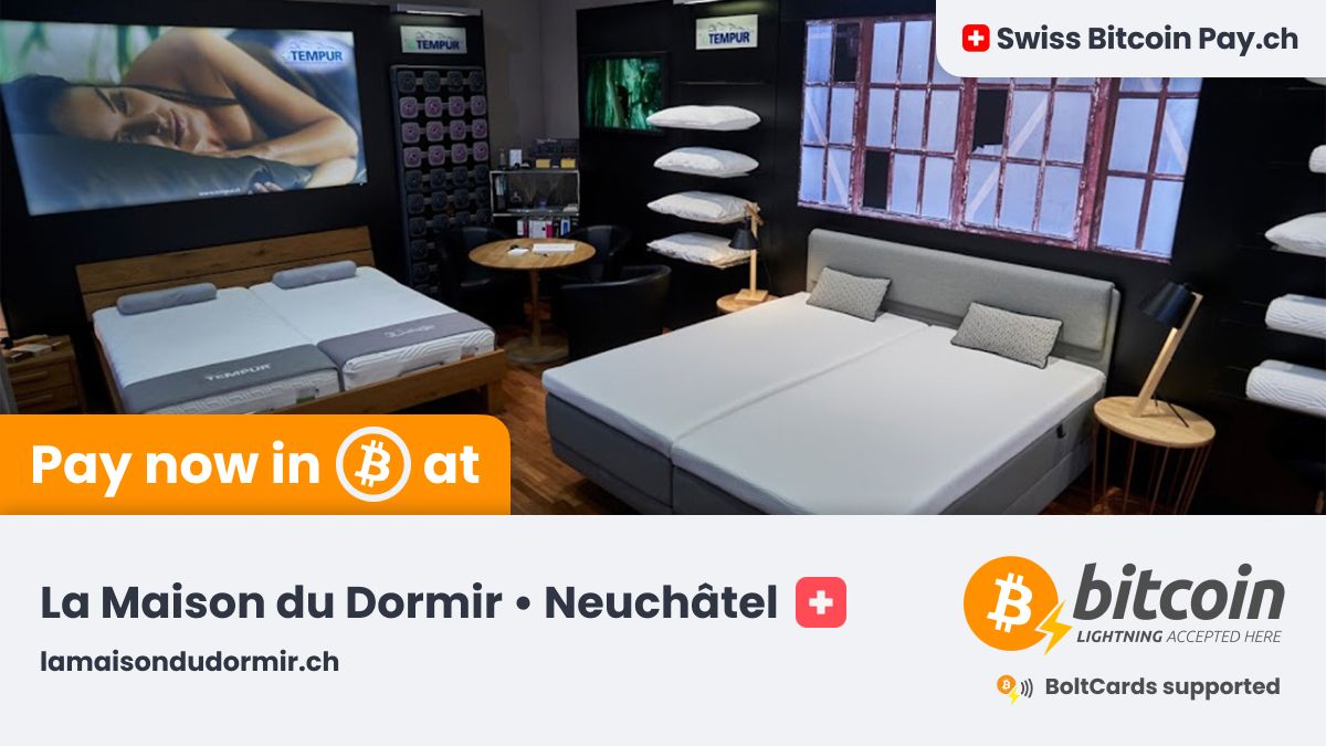 🚀 Amazing new merchant accepting Bitcoin 🚀

La Maison du Dormir 🇨🇭 is now accepting #Bitcoin payments ⚡ through <a href="/SwissBitcoinPay/">🇨🇭 Swiss Bitcoin Pay</a>

A space dedicated to your night-time comfort 🛌

📍 Neuchâtel, Switzerland
💳 BoltCards supported
🔒 This merchant has 100% control on their