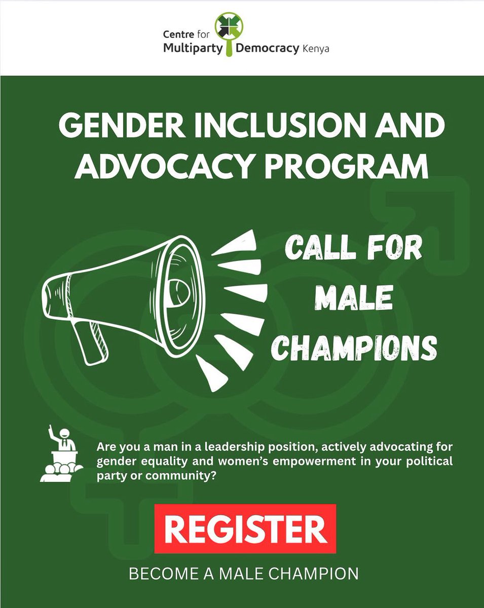 🚨 CALLING ON MALE ALLIES🚨

Are you a man in a political party or community space with influence? Do you believe in an inclusive, gender-equal future?

The Centre for Multiparty Democracy – Kenya is registering Male Champions for Gender Equality across the country! 🇰🇪✨

Under
