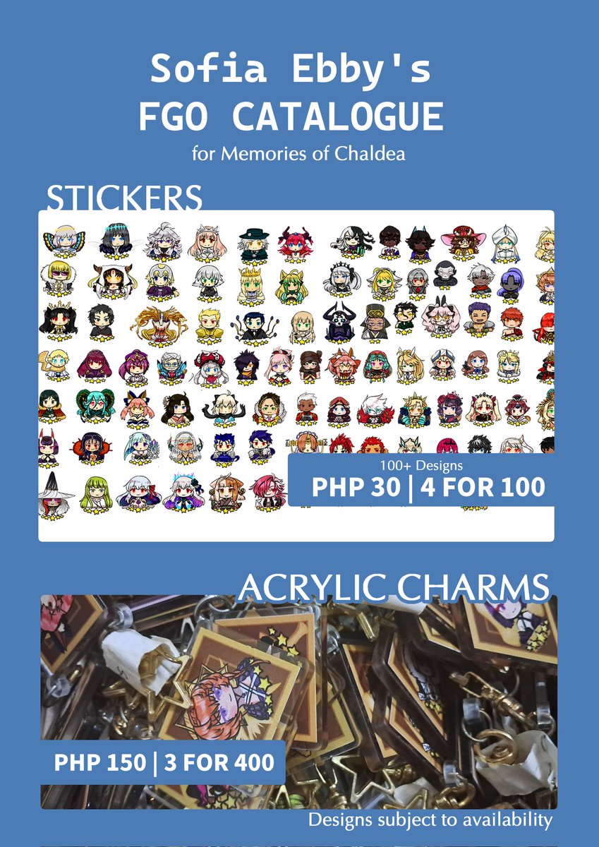 SofiaEbby's tweet photo. [MEMORIES OF CHALDEA CATALOGUE]

I didn't have enought time to actually make new merch due to organizing work but here's my humble catalogue.

Over 150 servant designs are available for the stickers! Will also be selling some of my preloved merch.

See you there! https://t.co/Bi8ZuRloMm