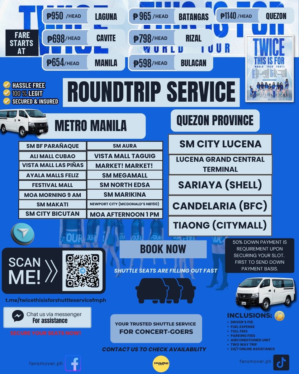 FansMoverPH's tweet photo. PH ONCE Get on board the Twice This is For World Tour Hype Vans & Buses. We're offering a roundtrip service to their concert in Bulacan. ๐ถ๐
REGISTER HERE:
https://t.co/6UPQegdCkb
#TWICEPH
#TWICE_THISISFOR_WORLD_TOUR #TWICE_THISISFOR_WORLD_TOUR_BULACAN #FansMoverPH #Carpool https://t.co/8kmN67icVp