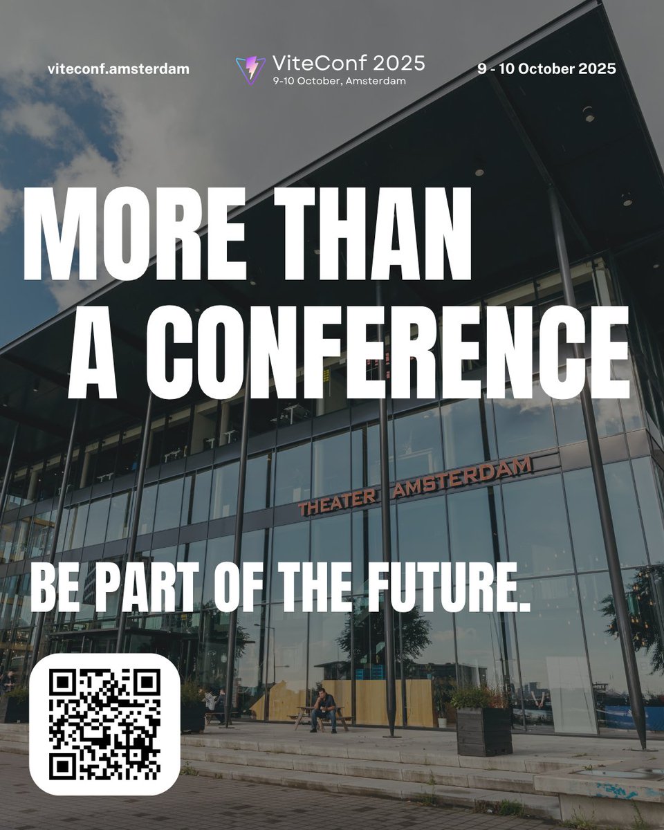 ViteConf 2025 is coming.
Two days. Dozens of speakers. Thousands of developers.

From the core of Vite to the ecosystem it powers — here’s what to expect:
🛠️ Day 1 - Core Topics
🌐 Day 2 - Ecosystem &amp; Frameworks

📍 Theater Amsterdam
Swipe through →