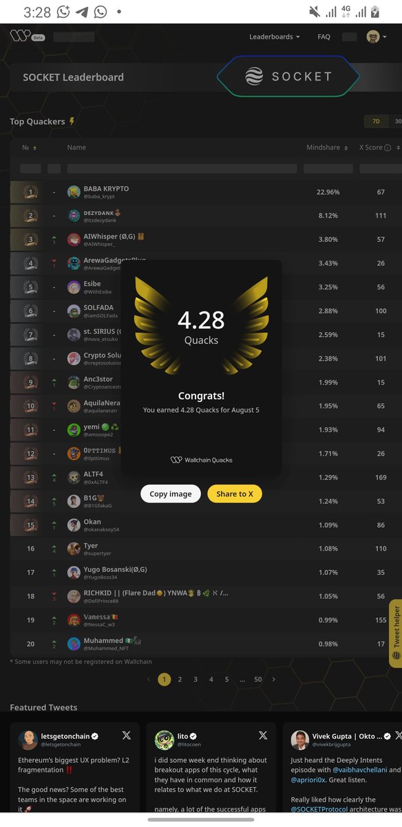 Just earned 4.28 $QUACK from Wallchain today

To anyone saying you can't earn Quacks let me tell you this  Wallchain is 100% fair and their algorithm doesn’t cheat If you genuinely engage, participate, and support Web3 conversations with value, the system rewards you accordingly