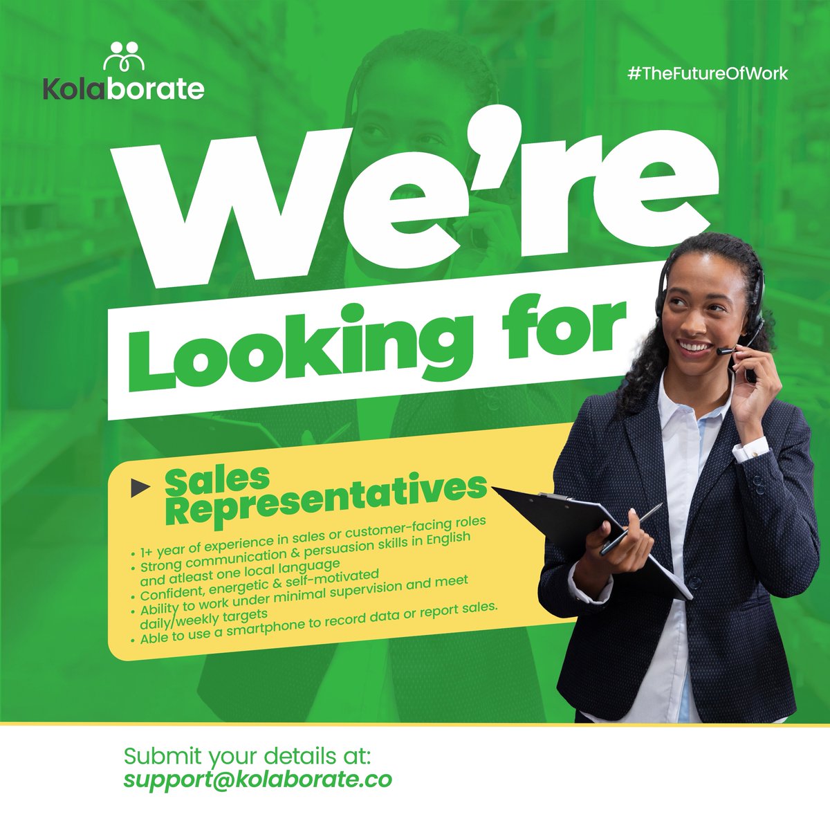 📢 We’re Hiring Sales Reps Across Uganda!🚨

Are you confident, persuasive &amp; love fieldwork? Join Kolaborate platforms and grow your sales career with us.

Must have 1+ year sales experience
Field-based | Full-time
Apply by 12th August, 2025
📩 Email: support@kolaborate.co