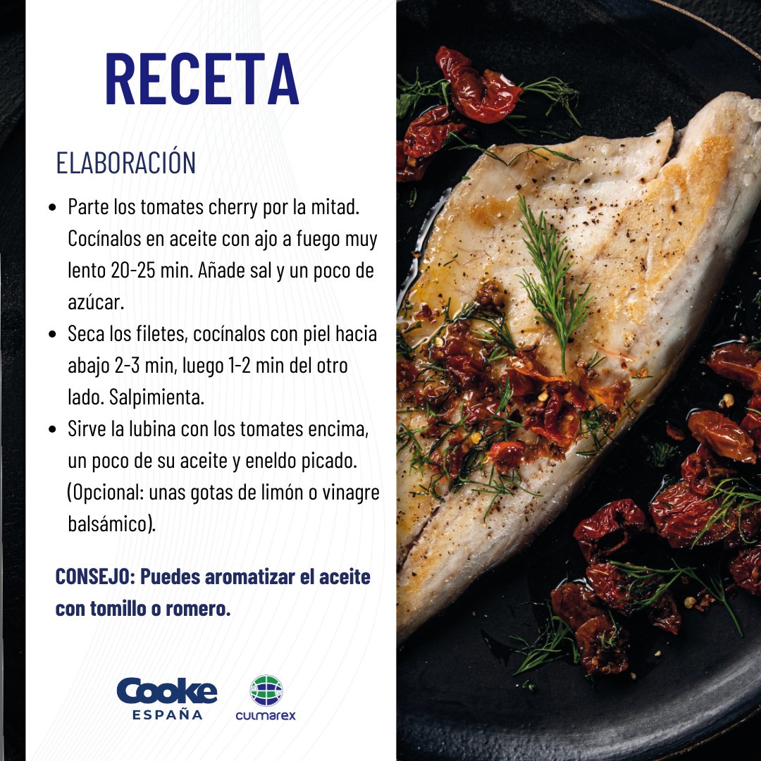 🌿🐟 Receta sencilla con sabor mediterráneo: Lubina Culmarex con tomates confitados y aceite de hierbas frescas.
✨ Ideal para sorprender sin complicaciones.
📌 Consejo: aromatiza el aceite con romero o tomillo. ¡Delicia garantizada!
.
#Culmarex #CookeEspaña