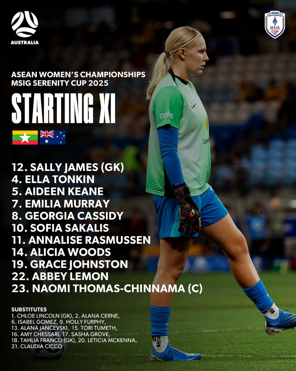 STARTING XI 🗒

Here's how the Australia U23 side lines up for their #MSIGSerenityCup game against Myanmar. 💪

🕚 7:30pm AEST
📺💻📱: FPT Bóng Đá Việt YouTube Channel (AUS) &amp; ASEAN United FC YouTube Channel (INTL)

#MYAvAUS #ASEANFootballFederation <a href="/aseanutdfc/">ASEAN United FC</a>
