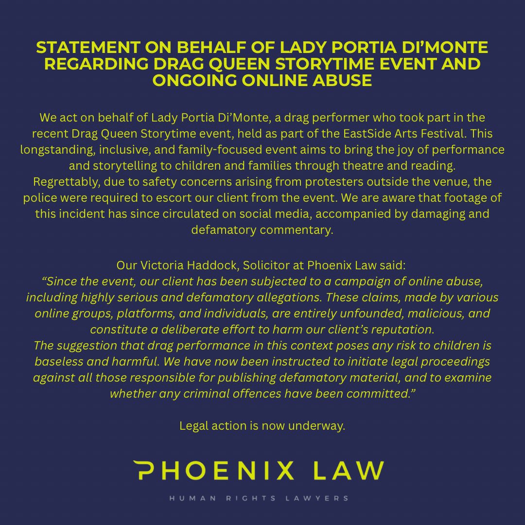 PhoenixLawHR's tweet image. Statement on behalf of Lady Portia Di’Monte regarding Drag Queen Storytime event and ongoing online abuse 👇 

Our @vichaddock acts. #TeamPhoenix