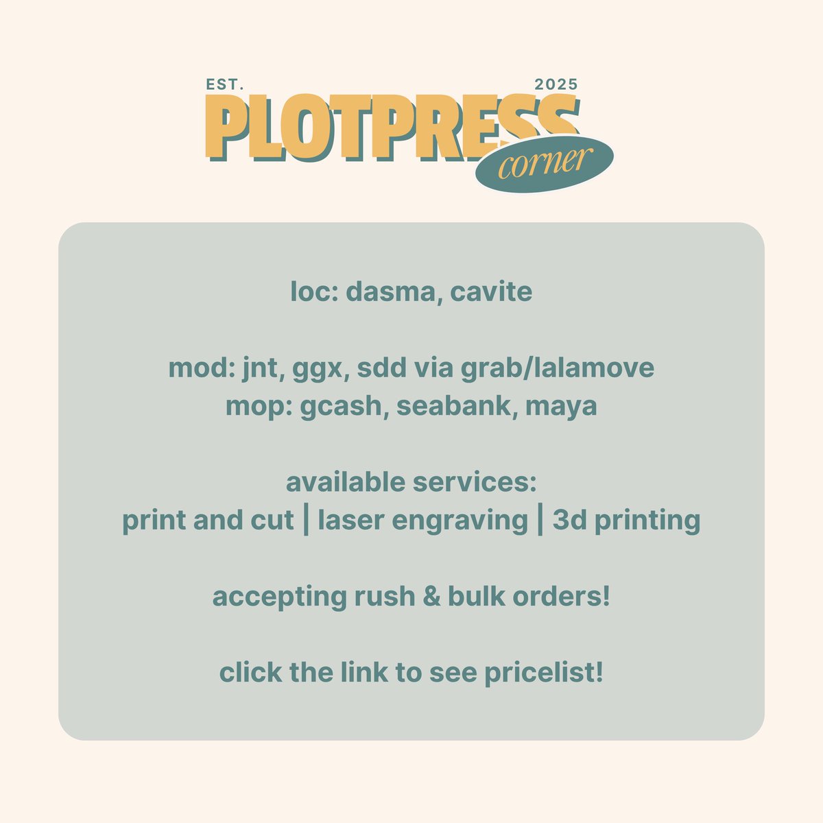 plotpresscorner's tweet image. ⤷ plotpress corner print &amp;amp; cut services 

t&amp;amp;c &amp;amp; pricelist: docs.google.com/spreadsheets/d…
sample print: #ppc_prints
           
for laser engraving &amp;amp; 3d printing, kindly dm us for a qoute! ♡