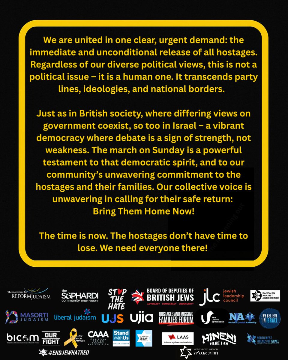🎗️National March For The Hostages🎗️

Sunday 10th August | 3PM | Central London

The entire Jewish community is coming together — with allies from across the country — to march to Downing Street, calling for the immediate release of the hostages.

We will gather from 2pm at in