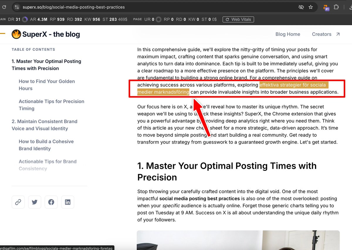 AI slop doesn’t fail because it’s "AI"

It fails because a real user lands on your site…
and instantly sees it’s bullshit.

They scroll down and they see some auto-inserted spam link to another AI-slop blog with a Swedish anchor text

So they bounce, they never come back, they