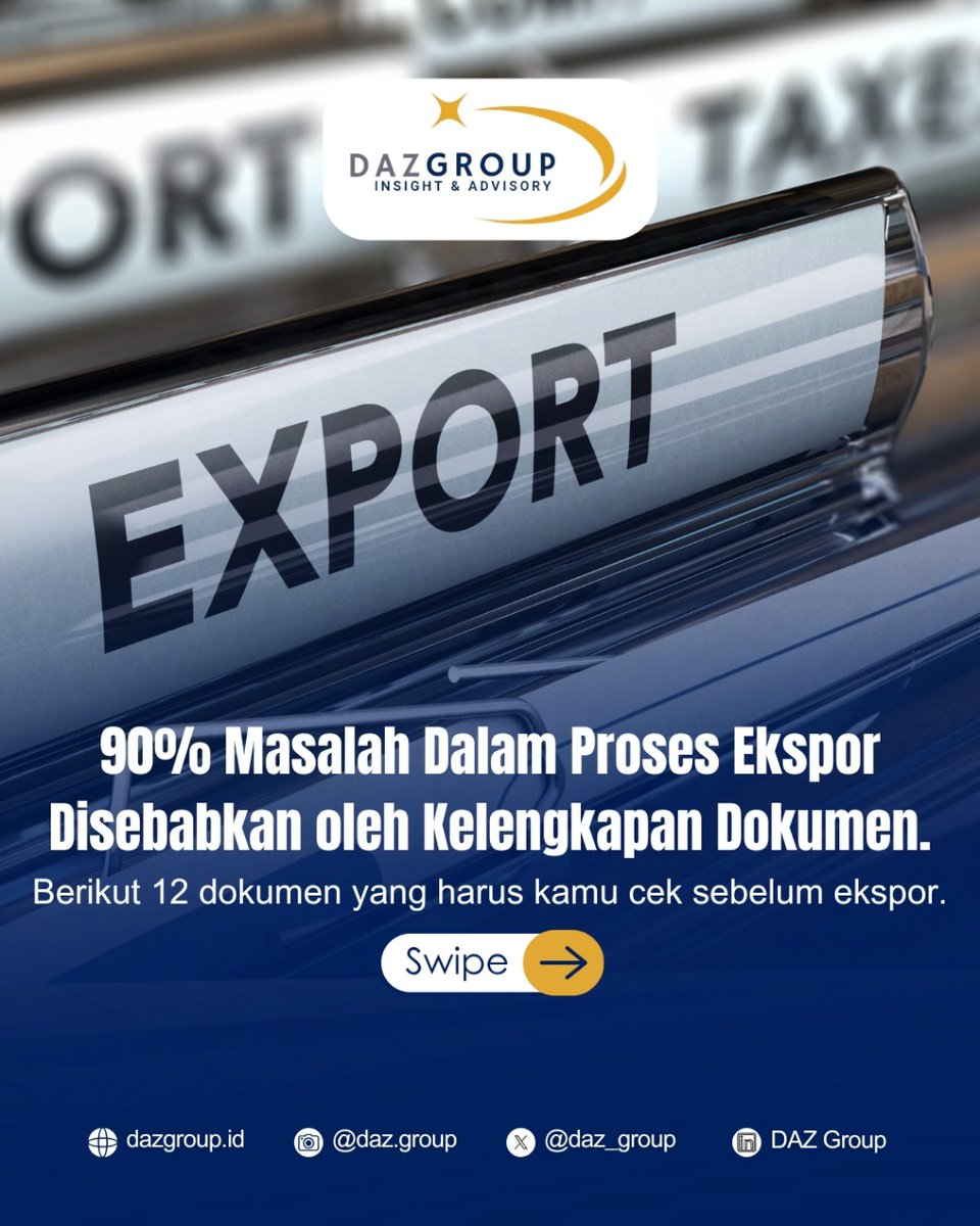 daz_group's tweet photo. Di balik setiap pengiriman internasional, ada serangkaian dokumen penting yang menjadi kunci kelancaran proses logistik, kepabeanan, hingga pembayaran.

#DAZGroup #DokumenEkspor #InternationalTradeAdivsory #StrategyAgilityImpact #InsightfulStrategy #BusinessAgility https://t.co/CeRt1Kb5Qd