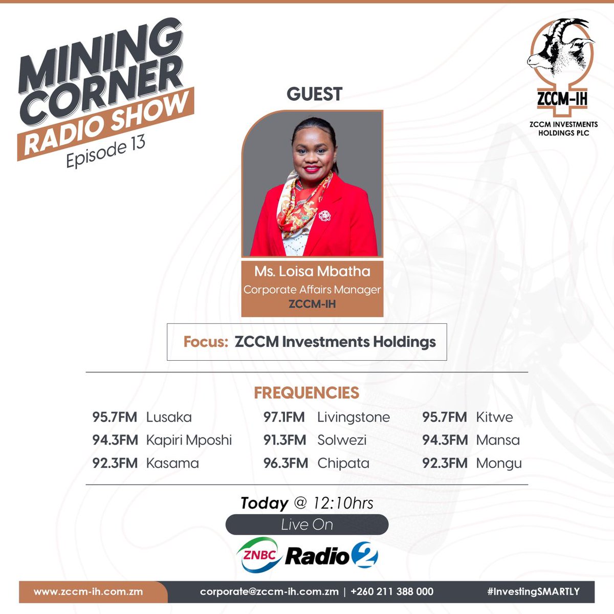 Mining Corner | Final Episode 

Tune in today at 12:10 Hrs on ZNBC Radio 2!
Guest: Loisa Mbatha – ZCCM-IH

Topic: 2025 in Review: Key Highlights &amp; Impact
From trade fairs and solar-powered CSR in Mapatizya to green investments — don’t miss this powerful wrap-up!

#MiningCorner
