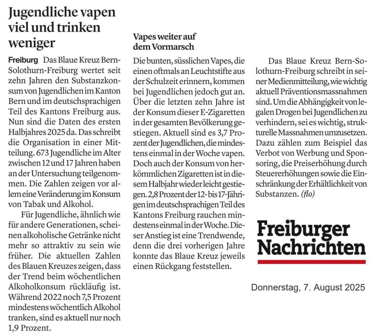 Erfreulich: #Alkohol-Konsum ist bei Jugendlichen wie in der Gesamtbevölkerung leicht rückläufig. #Vapen bleibt wegen dem #Nikotin ein grosses Problem und #Tabak-Rauchen nimmt wieder zu.
Prävention ist nötig:
👉Werbeverbot
👉Höhere Steuern
👉#Jugendschutz
⏩besofr.blaueskreuz.ch/news/news-deta…