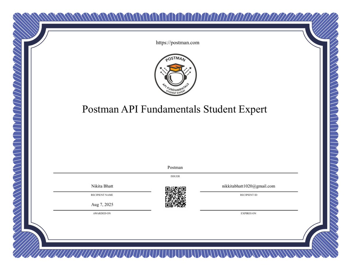 NikitaBhatt26's tweet image. From “What’s an API?” to “I just built one!”
Thanks to @getpostman×@Aanchalmishra__ & #GSSoC25,I'm officially a Postman API Fundamentals Student Expert!
Learnings:
-Real-world API skills
-Auth with tokens & keys
-Request methods in action
-Automation & debugging
#PostmanStudent
