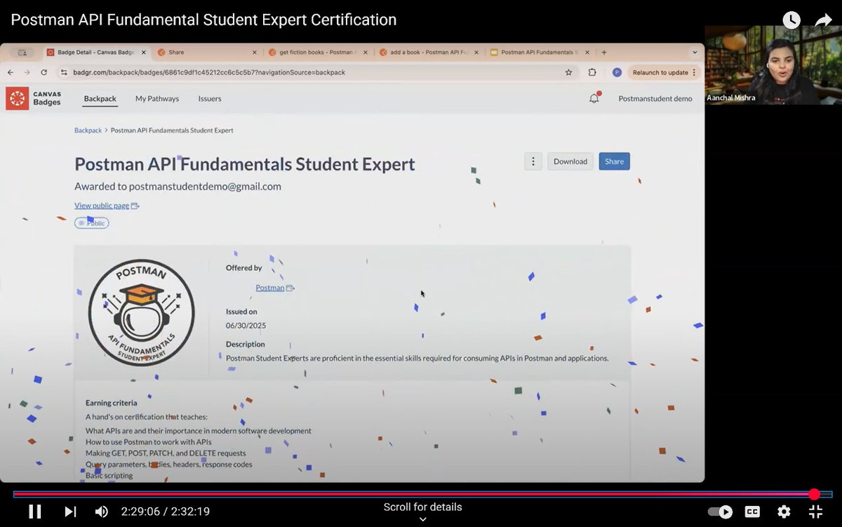 NikitaBhatt26's tweet image. From “What’s an API?” to “I just built one!”
Thanks to @getpostman×@Aanchalmishra__ & #GSSoC25,I'm officially a Postman API Fundamentals Student Expert!
Learnings:
-Real-world API skills
-Auth with tokens & keys
-Request methods in action
-Automation & debugging
#PostmanStudent