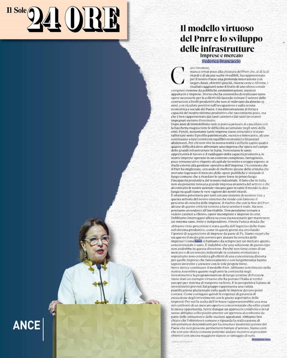 ancenazionale's tweet image. #GrandiInfrastrutture: come #Ance ci battiamo da sempre per un mercato aperto, concorrenziale e sano. Avanti con il modello #Pnrr che consente la crescita delle imprese. La scelta dell’in house è una resa. La lettera della presidente Brancaccio su @sole24ore