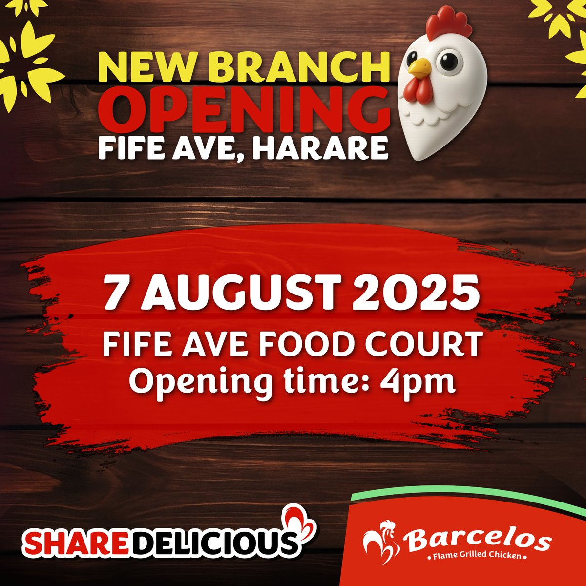 Barcelos is coming to Fife Ave, Harare! 
We’re excited to announce the grand opening of our brand new branch at the Fife Ave Food Court today at 4pm.

Come through for the flame-grilled chicken you love, amazing vibes, and mouthwatering meals

Tag your crew and  #ShareDelicious
