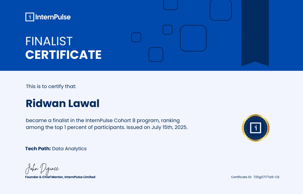 🎊Internship Completed! Just wrapped up my Data Analyst Internship at Intern Pulse. worked on real-world datasets, predictive analytics, &amp; ML models using Excel, Power BI, SQL &amp; Python. Grateful for the journey &amp; open to new roles! #DataAnalytics #PowerBi #Excel #SQL #InternPulse