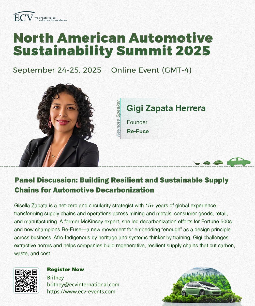 ECV_International (@ecv_int) on Twitter photo π’ Exciting news!
Gigi Zapata Herrera, Founder of Re-Fuse, will participate in a panel discussion at the North #American #Automotive #Sustainability #Summit 2025.π
Don't miss her insightful sharing.
π ecv-events.com/north-americanβ¦ π’ Exciting news!
Gigi Zapata Herrera, Founder of Re-Fuse, will participate in a panel discussion at the North #American #Automotive #Sustainability #Summit 2025.π
Don't miss her insightful sharing.
π ecv-events.com/north-americanβ¦
