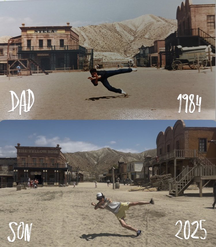 La misma foto en Almería 41 años después, el hijo imitando al padre.