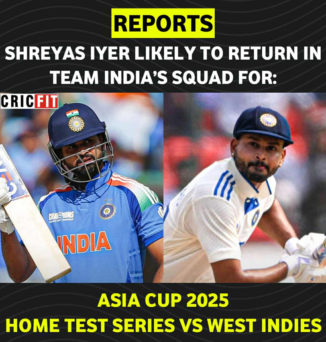 Reports: Shreyas Iyer likely to return for Team India. The comeback king is ready! 🏏🔥
#TeamIndia #ShreyasIyer