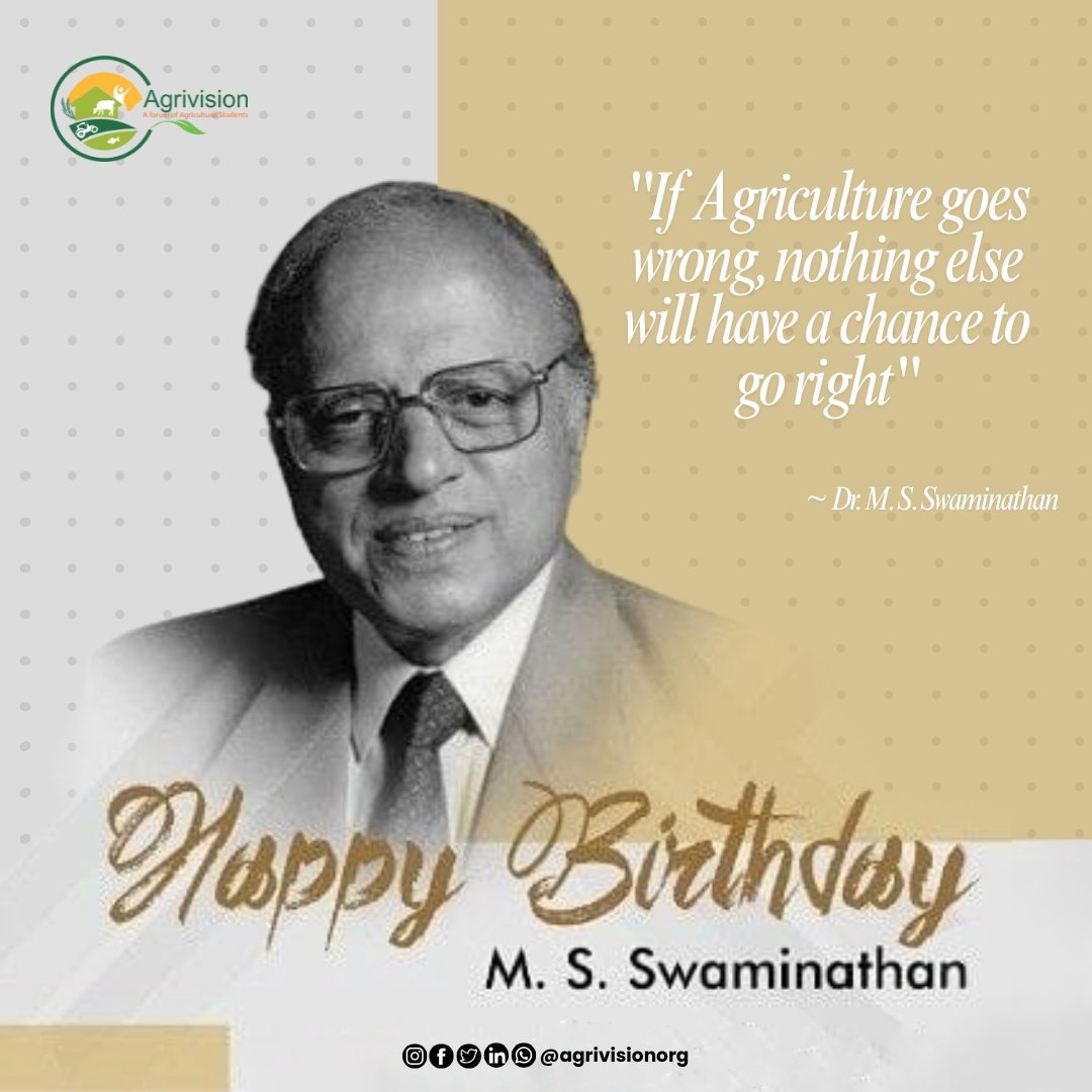 AgrivisionOrg's tweet image. “Salute to the pioneer of India’s #GreenRevolution!” 🌾
On the birth anniversary of Dr. M. S. Swaminathan, we pay tribute to the visionary who empowered Indian agriculture and farmers through science, innovation, and dedication. 🇮🇳
#MSSwaminathan   #Agrivision4Bharat