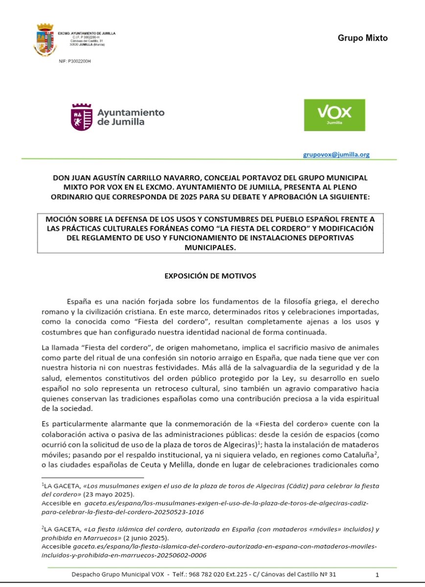 germanteruel's tweet photo. La moción originalmente planteada por Vox en Jumilla resulta radicalmente inconstitucional. En especial, su punto 1 y 3. En democracia los límites a las manifestaciones populares vienen dados pq sean pacíficas, nunca por su afinidad con una pretendida identidad nacional. Abro🧵⬇️ https://t.co/vVXr3RTom2