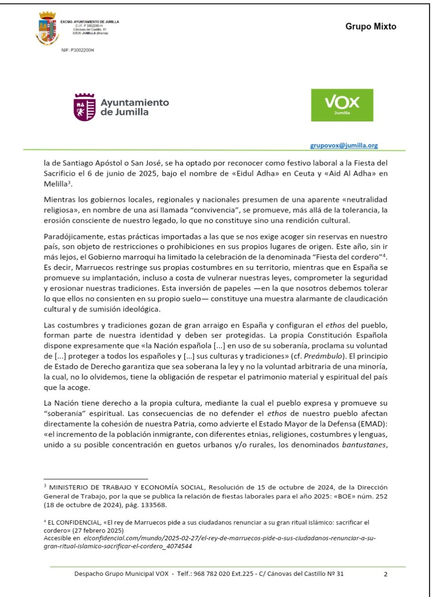 germanteruel's tweet photo. La moción originalmente planteada por Vox en Jumilla resulta radicalmente inconstitucional. En especial, su punto 1 y 3. En democracia los límites a las manifestaciones populares vienen dados pq sean pacíficas, nunca por su afinidad con una pretendida identidad nacional. Abro🧵⬇️ https://t.co/vVXr3RTom2