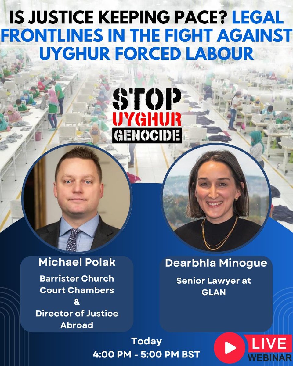 UyghurStop's tweet image. 📣 LAST CHANCE to register – our free webinar is TODAY at 4–5PM BST!

⚖️ Is Justice Keeping Pace?
Uyghur forced labour, legal updates, Shein’s IPO &amp;amp; more.

🎙️ With @DearbhlaMinogue  &amp;amp; @MichaelPolakLaw 

Register now: eventbrite.co.uk/e/uyghur-force…

#endforcedlabour

@MahmutRahima