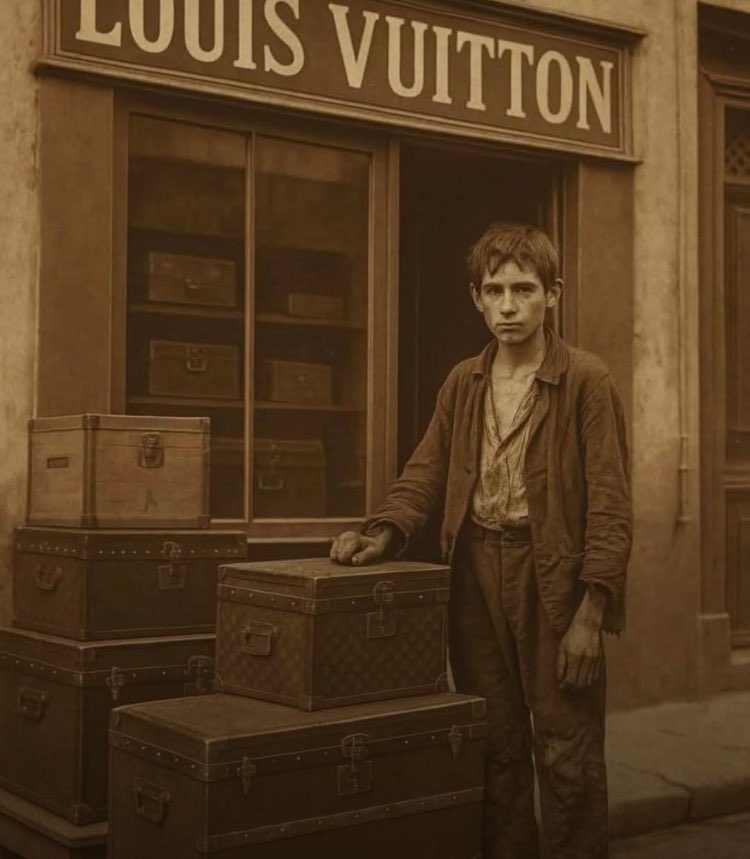A young <a href="/LouisVuitton/">Louis Vuitton</a> when he left his village of Anchay for Paris, walking over 450 km alone after being kicked out by his stepfather. He survived doing odd jobs before learning leather craftsmanship in a tailor shop. At 21, he opened his first workshop, the rest is history.