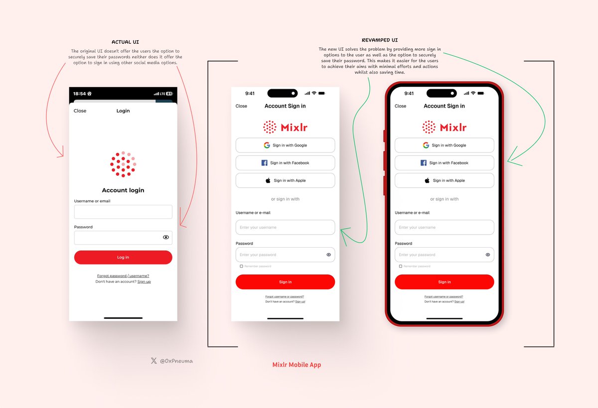 0xPneuma's tweet photo. Although I frequently stream audio content on @mixlr, the platform’s lack of secure password storage and alternative login methods forced me to repeatedly sign in. To address this, I created this design solution.

#UIUX #mixlr #audio https://t.co/uZV18jGJCZ