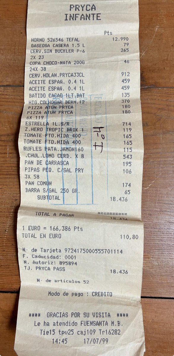 Ha aparecido este ticket de la compra de PRYCA en pesetas, antes de la entrada del euro.