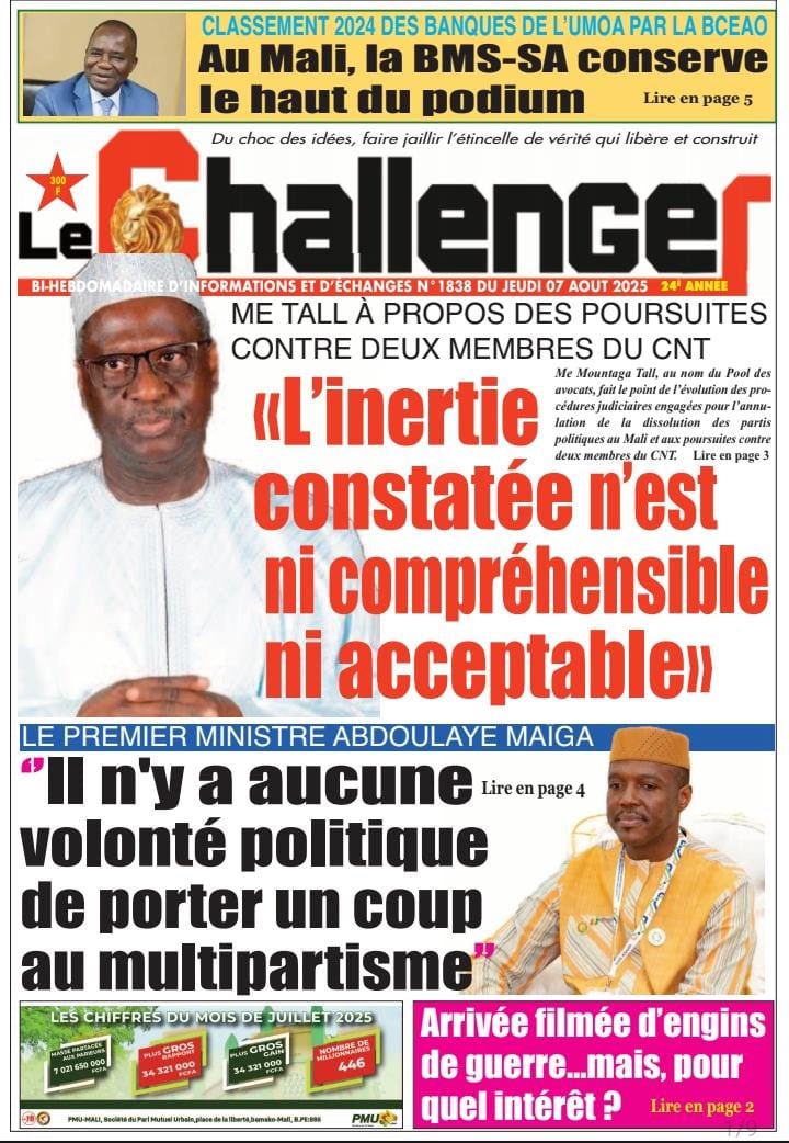 JrLeChallenger's tweet photo. 🗞️ Découvrez la UNE du journal Le Challenger de ce jeudi 7 août 2025. 

Bonne lecture ! https://t.co/KJA9ZnRTx0