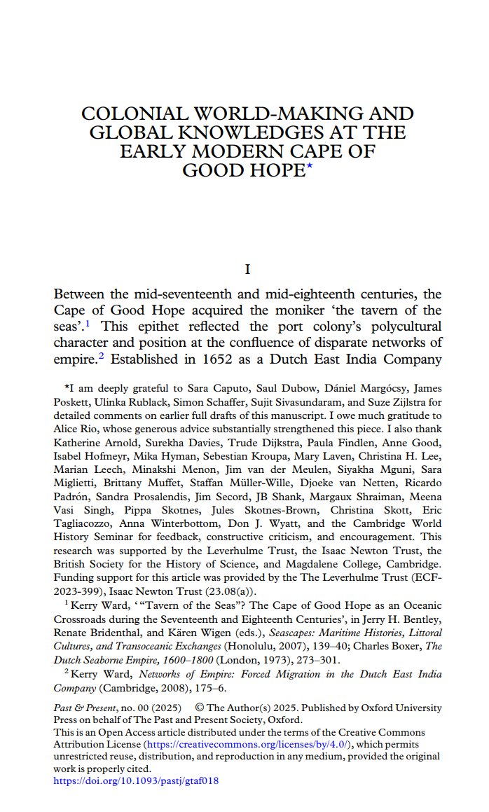 So excited to share my new article in Past &amp; Present:
 "Colonial World-Making and Global Knowledges at the Early Modern Cape of Good Hope"
  academic.oup.com/past/advance-a… (Open Access)