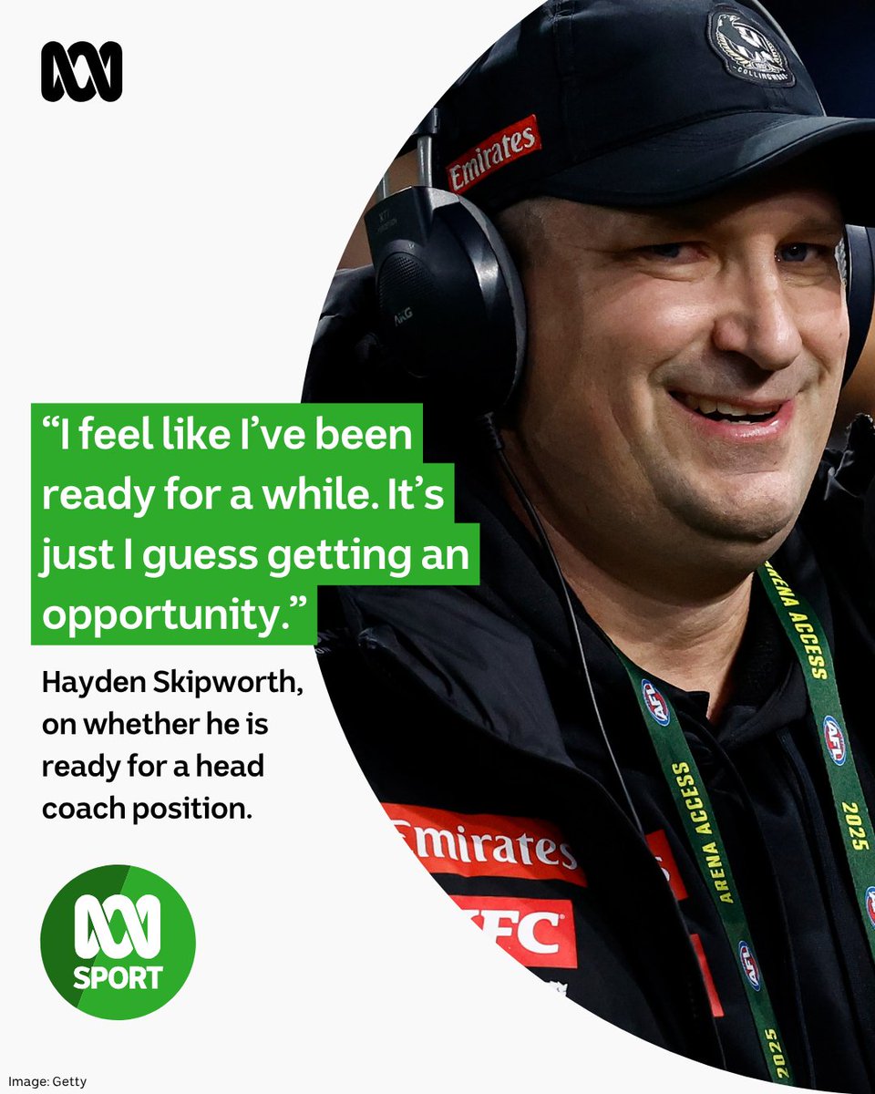 ABC SPORT (@abcsport) on Twitter photo Hayden Skipworth, current Collingwood assistant coach and possible Simon Goodwin replacement, joined ABC Sport this evening and was asked whether he is interested in the top job at the Demons:
“I am interested in senior coaching at one point but right now my focus is getting Hayden Skipworth, current Collingwood assistant coach and possible Simon Goodwin replacement, joined ABC Sport this evening and was asked whether he is interested in the top job at the Demons:
“I am interested in senior coaching at one point but right now my focus is getting