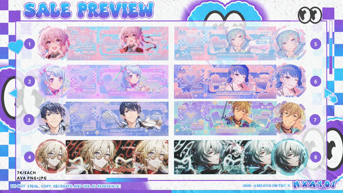 mxayoi's tweet image. ꒰ RT is appreciated, ty! ꒱

Halo, aku kembali dgn batch 3 SALE layout Ready Stock lama ( HSR, Genshin, Wuwa, dll ) 🪻

💰 7k - 8k/ea (cek alt)
🌸 All ava png + jpg
✅ Avail QRIS

Bisa DM langsung buat ambil layoutnya
Happy jajan 🪻⋆.˚
#zonauang️ #zonaba [batch 3]