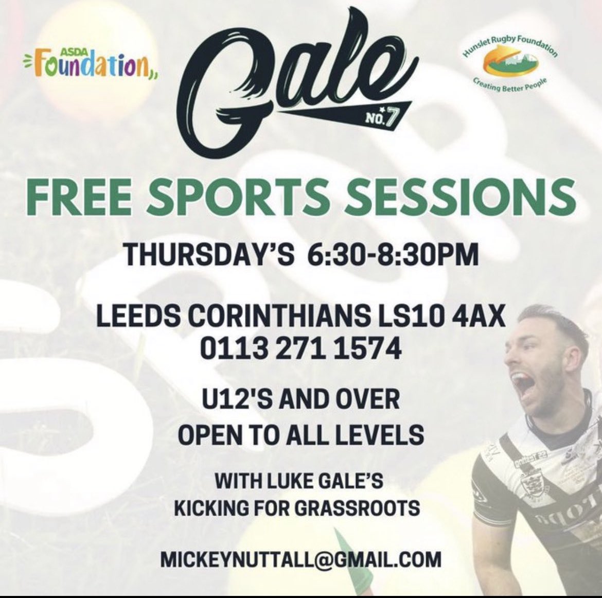 🌟 Free weekly sports sessions with <a href="/snozzer_gale/">Luke Gale</a>’s #kickingforgrassroots
📍 Leeds Corinthians LS10 4AX
⏰ Thursdays, 6:30–8:30PM
U12s &amp; above – all skill levels welcome!
Build confidence, teamwork, &amp; a love for the game 🙌
#KickingForGrassroots <a href="/AsdaFoundation/">Asda Foundation</a> <a href="/HunsletRugby/">Hunslet Rugby Foundation</a>