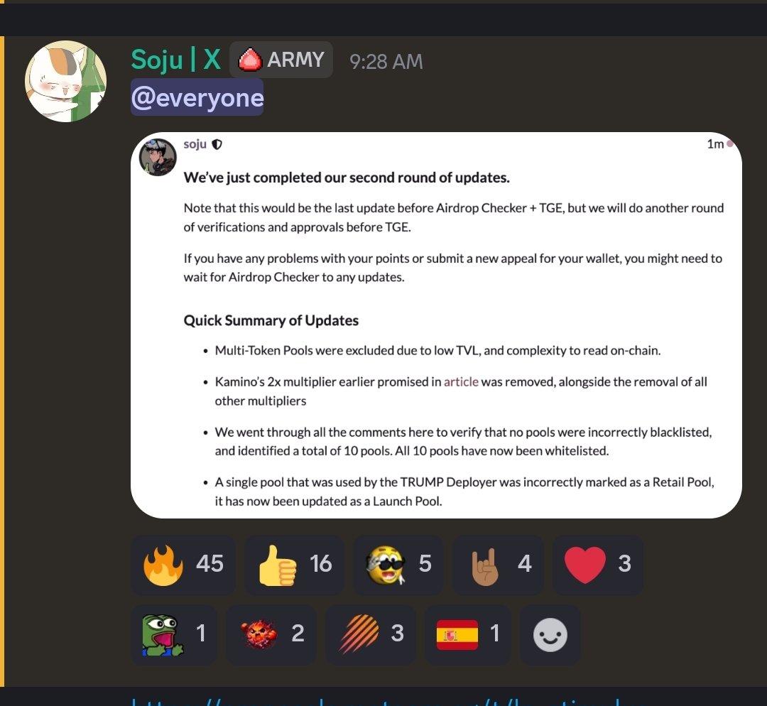 The <a href="/MeteoraAG/">Meteora</a> Airdrop is closer than ever!

<a href="/0xSoju/">Soju 燒酒 | Meteora</a> just comfirm this in discord

Final points update before TGE:
🔹 Multi-token pools removed
🔹 Kamino 2x multiplier scrapped
🔹 10 pools unblacklisted
🔹 TRUMP pool reclassified
🔹 Exponent points added ✅
🔹 No more updates