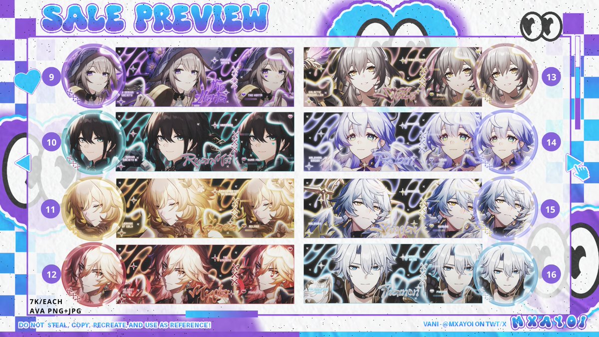 mxayoi's tweet image. ꒰ RT is appreciated, ty! ꒱

Halo, aku kembali dgn batch 3 SALE layout Ready Stock lama ( HSR, Genshin, Wuwa, dll ) 🪻

💰 7k - 8k/ea (cek alt)
🌸 All ava png + jpg
✅ Avail QRIS

Bisa DM langsung buat ambil layoutnya
Happy jajan 🪻⋆.˚
#zonauang️ #zonaba [batch 3]