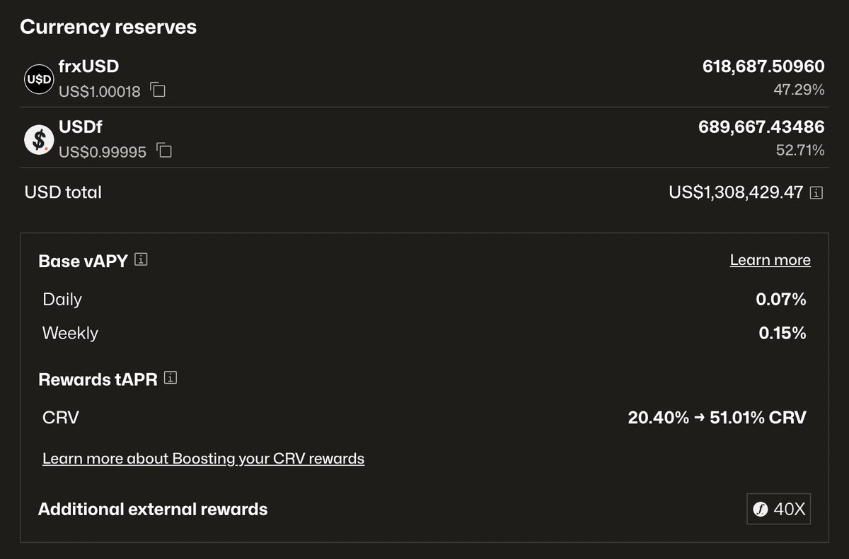 xy (@tallgraffe) on Twitter photo Some underrated yield opps on <a href="/FalconStable/">Falcon Finance</a> rn:
1. <a href="/GearboxProtocol/">Gearbox ⚙️🧰 Protocol</a> Invariant USDC vault
Earn 16.7% APY on USDC deposits. This vault only has exposure to Falcon assets, allowing you to borrow and loop against sUSDf, PTs, and even your Convex USDC-USDf LP position to get up to Some underrated yield opps on <a href="/FalconStable/">Falcon Finance</a> rn:
1. <a href="/GearboxProtocol/">Gearbox ⚙️🧰 Protocol</a> Invariant USDC vault
Earn 16.7% APY on USDC deposits. This vault only has exposure to Falcon assets, allowing you to borrow and loop against sUSDf, PTs, and even your Convex USDC-USDf LP position to get up to