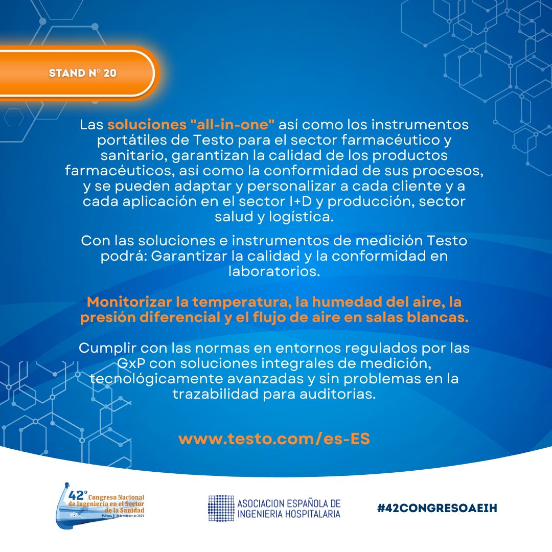 Asociación Española de Ingeniería Hospitalaria (@aeihorg) on Twitter photo ¡No te lo pierdas!
⚡️ La compañía <a href="/testo_es/">Testo España</a> estará presente en el #42CongresoAEIH con sus soluciones en instrumentos de medición de alta precisión
📍 Conoce su trayectoria en el Stand 20
👉 Más información: aeihmalaga2025.com ¡No te lo pierdas!
⚡️ La compañía <a href="/testo_es/">Testo España</a> estará presente en el #42CongresoAEIH con sus soluciones en instrumentos de medición de alta precisión
📍 Conoce su trayectoria en el Stand 20
👉 Más información: aeihmalaga2025.com