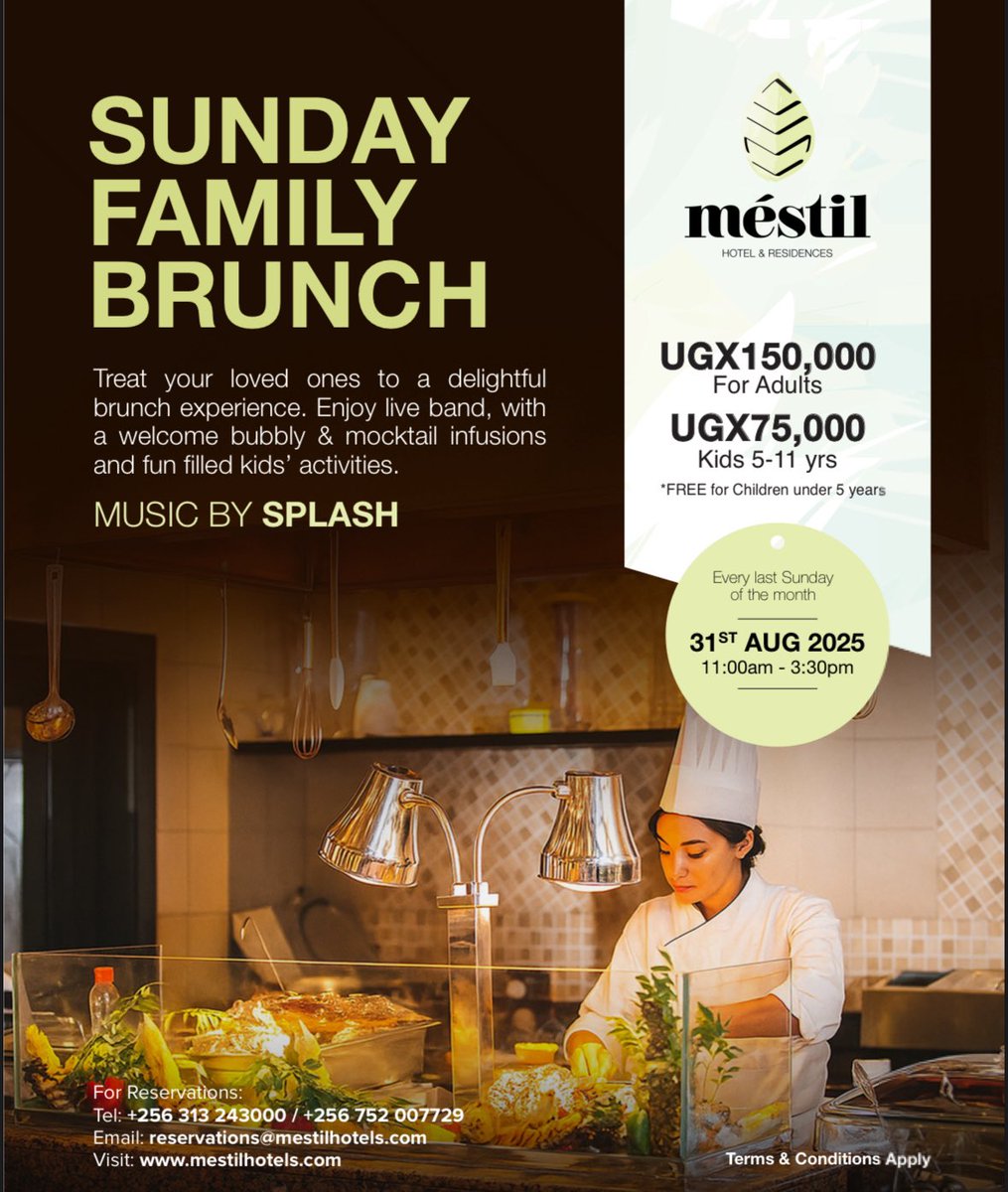 NBS Television (@nbstv) on Twitter photo Join us for the Sunday Family Brunch at <a href="/MestilHotel/">Méstil Hotel & Residences</a> on 31st August from 11 am to 3;30 pm! Music by Splash and fun activities for kids are included
Charges: Adults UGX150,000 | Kids 5–11 UGX75,000 | Free for kids under 5
#MestilExperience #NBSUpdates Join us for the Sunday Family Brunch at <a href="/MestilHotel/">Méstil Hotel & Residences</a> on 31st August from 11 am to 3;30 pm! Music by Splash and fun activities for kids are included
Charges: Adults UGX150,000 | Kids 5–11 UGX75,000 | Free for kids under 5
#MestilExperience #NBSUpdates
