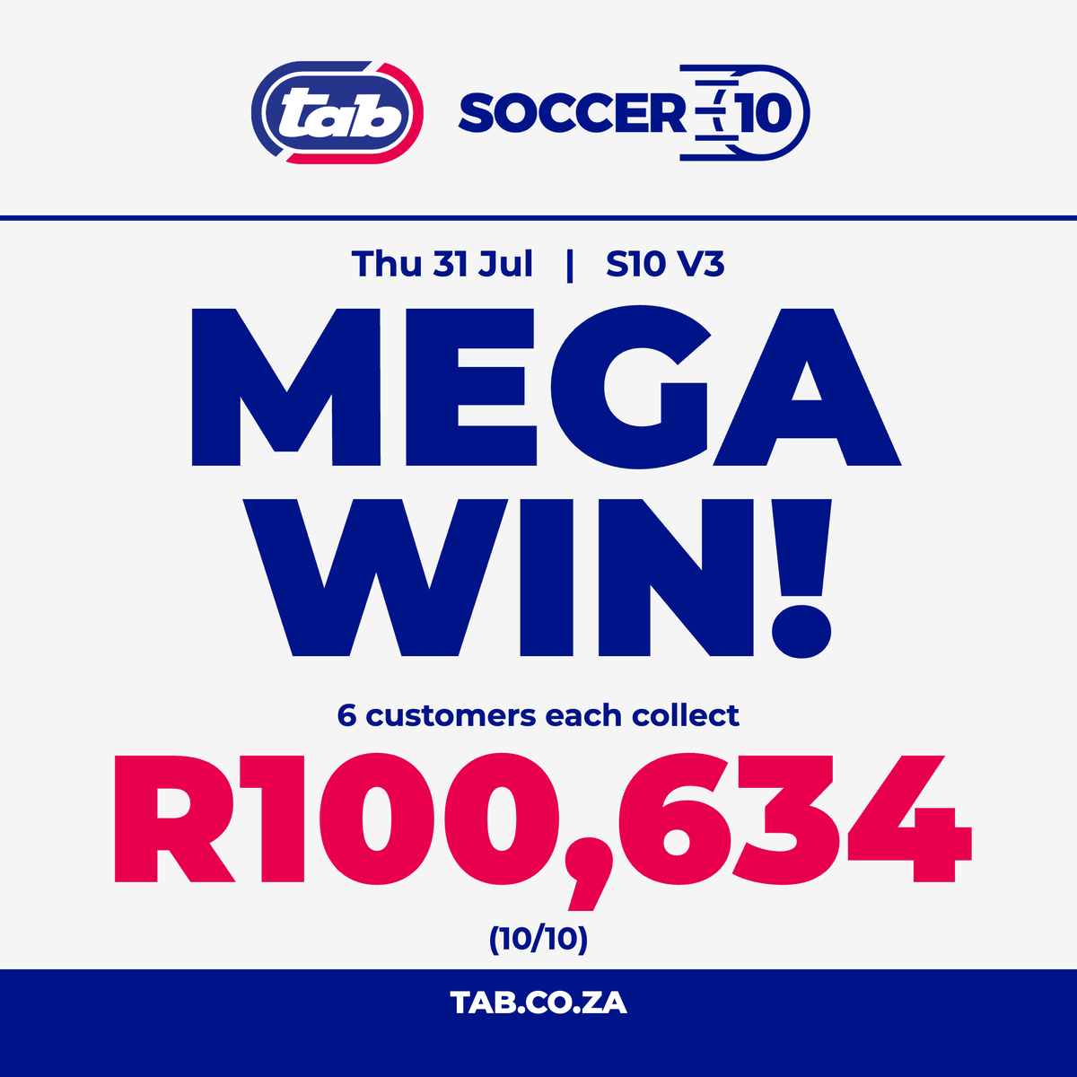 TabSouthAfrica's tweet photo. MEGA WIN ALERT!
6 customers each walked away with R100,634 on Soccer 10 V3 (10/10)!
Thatโs the power of perfect picks ๐ช
Will you be next? ๐ https://t.co/sN2oBBAXr7
#Soccer10 #MegaWin #TABWins https://t.co/OhcVLo4hwX