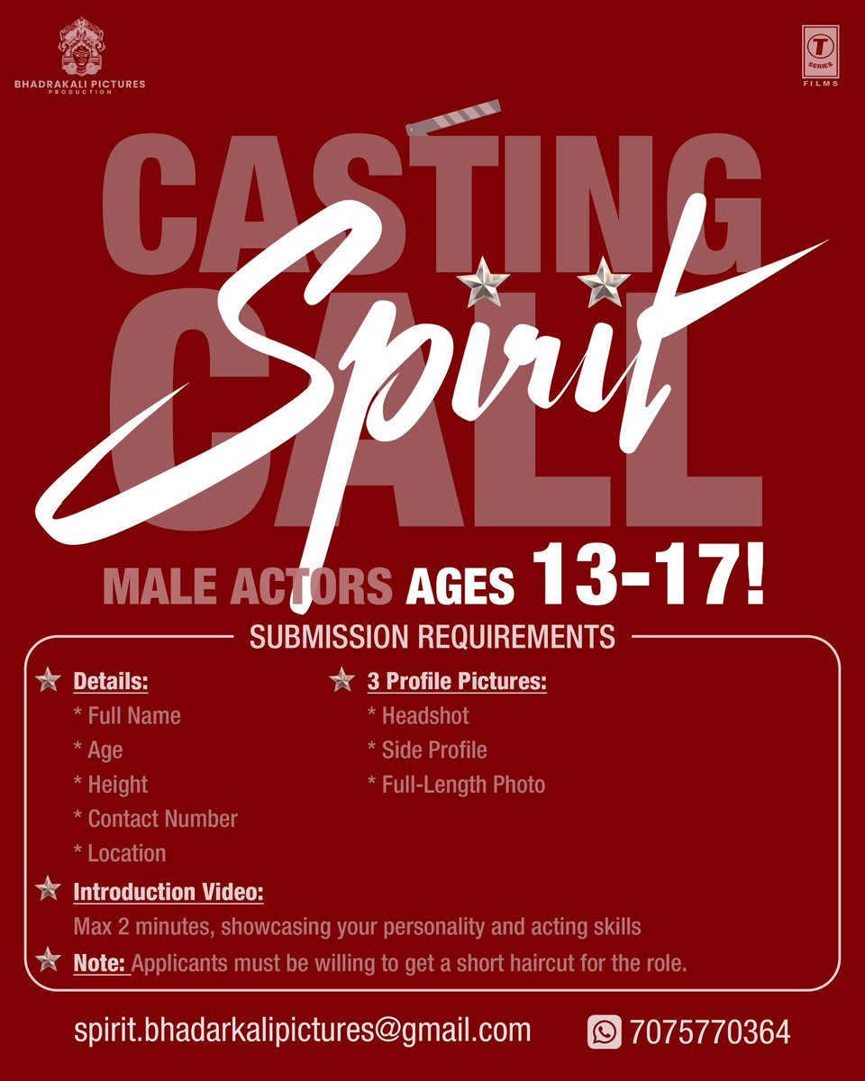 Bhadrakali Pictures (@vangapictures) on Twitter photo We are on the search for male actors aged 13 to 17 to join the SPIRIT project. If you’ve got the passion and the drive, we want to hear from you. This is your chance to show your skills and be a part of Prabhas-SRV’s Spirit. #YoungTalent #CastingCall #Spirit <a href="/imvangasandeep/">Sandeep Reddy Vanga</a> We are on the search for male actors aged 13 to 17 to join the SPIRIT project. If you’ve got the passion and the drive, we want to hear from you. This is your chance to show your skills and be a part of Prabhas-SRV’s Spirit. #YoungTalent #CastingCall #Spirit <a href="/imvangasandeep/">Sandeep Reddy Vanga</a>