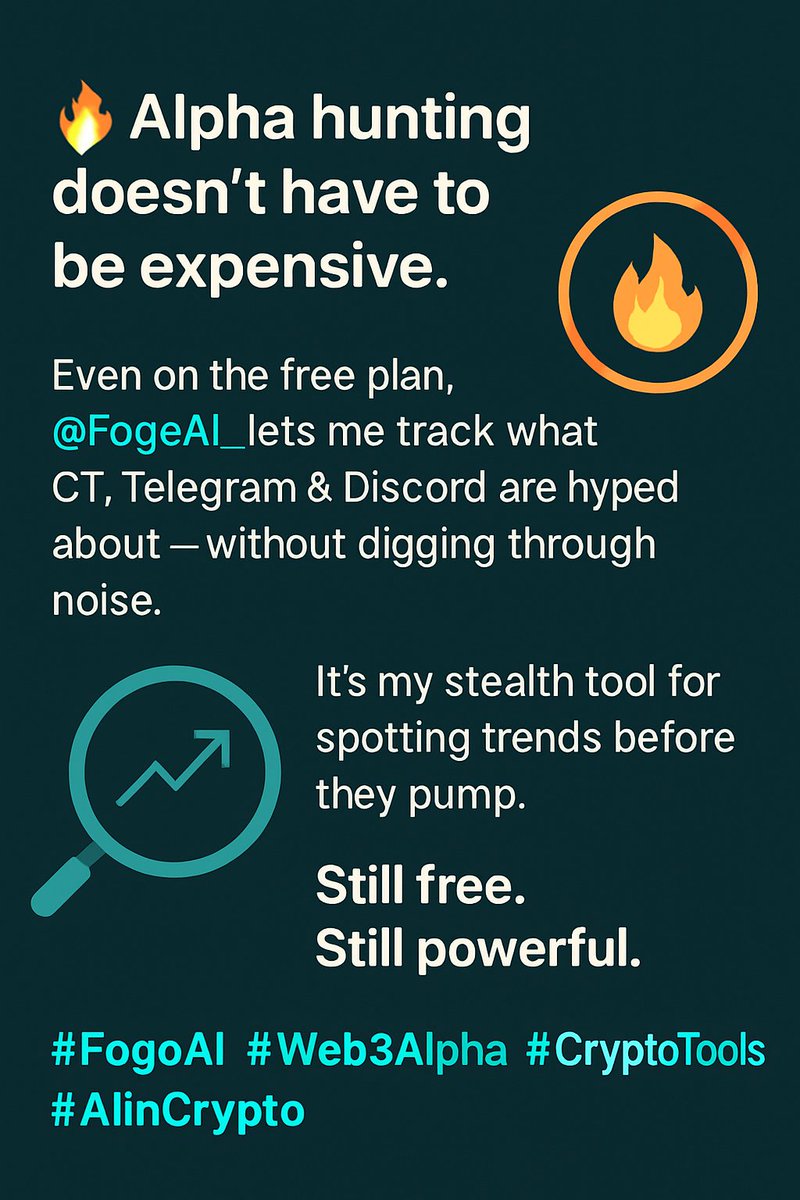 IsshaaqIsshaaq3's tweet image. 🔥 Alpha hunting doesn&apos;t have to be expensive.

Even on the free plan, @FogoAI_ lets me track what CT, Telegram &amp;amp; Discord are hyped about without digging through noise.

It’s my stealth tool for spotting trends before they pump.

Still free. Still powerful.

#FogoAI #Web3Alpha