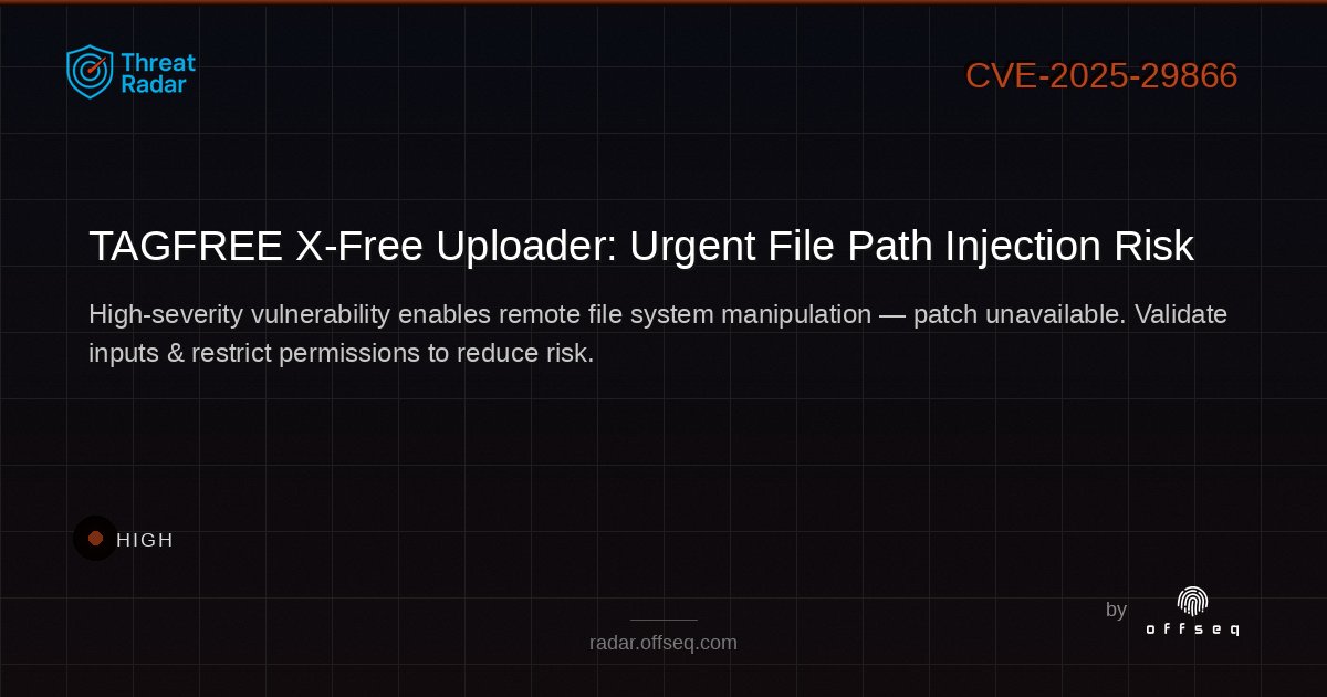 🚨 High-severity flaw in TAGFREE X-Free Uploader (CVE-2025-29866) allows attackers to control file names/paths &amp; inject parameters. Patch not yet available—mitigate now! 🔒 radar.offseq.com/threat/cve-202… #OffSeq #vulne...