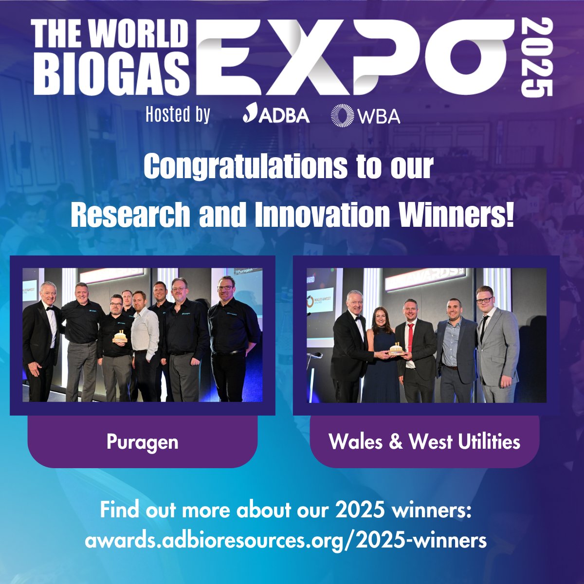 Congratulations to our Research and Innovation Award winners, Puragen and Wales &amp; West Utilities!

Find out more about our 2025 winners: awards.adbioresources.org/2025-winners/

#ADandBiogasAwards #AD #biogas #anaerobicdigestion #winners #researchandinnovation