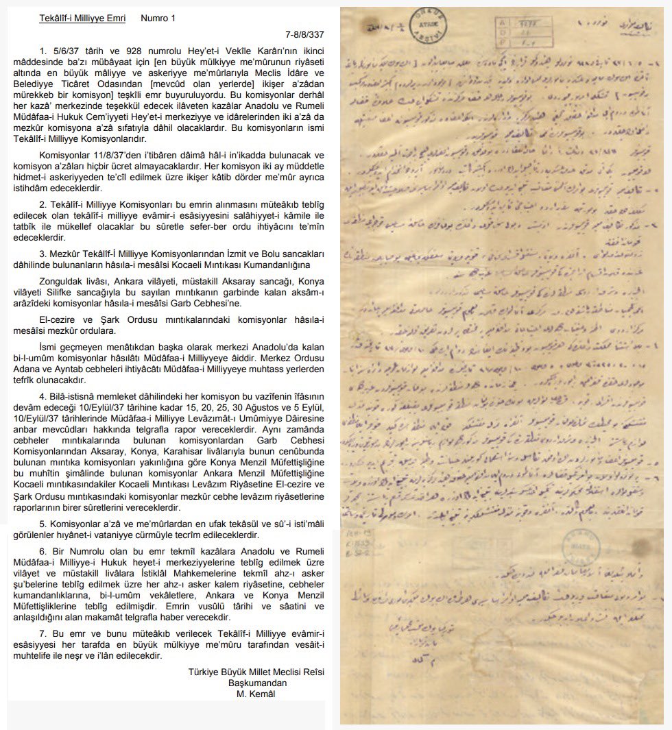 TEKÂLİF-İ MİLLİYE EMİRLERİ (1921)

Mustafa Kemal Paşa’nın 7-8 Ağustos 1921’de yayımladığı Tekâlif-i Milliye Emirleri, yalnızca bir askerî emirler bütünü değil, topyekûn bir seferberlik planıdır.

Savaş artık yalnız ordularla değil, milletlerle kazanılacaktı.
Sakarya Meydan
